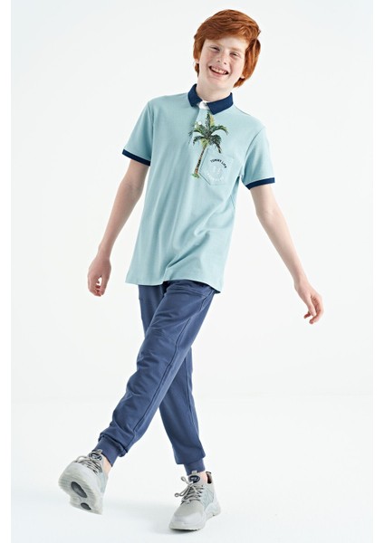Açık Mavi Baskılı Cep Detaylı Standart Kalıp Polo Yaka Erkek Çocuk T-Shirt - 11144