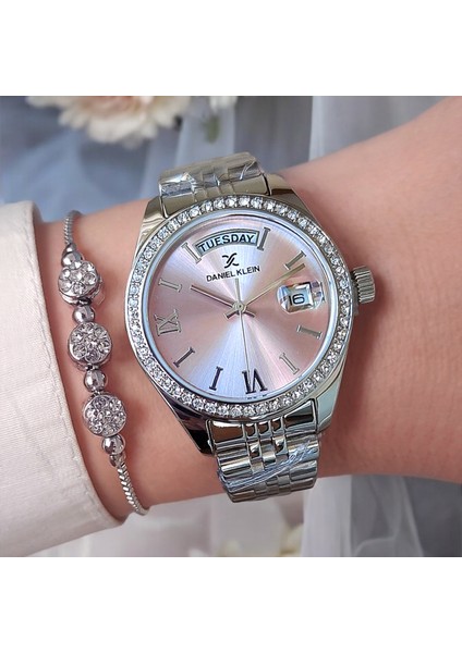 33 mm Jübile Bilezik Pembe Kadran Takvimli Metalik Kadın Kol Saati, Taşlı Bileklik Hediyeli