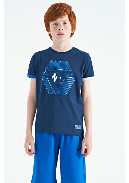 İndigo Kol Ucu Renkli Detaylı Baskılı Standart Kalıp Erkek Çocuk T-Shirt - 11156