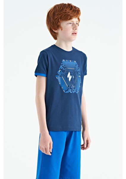 İndigo Kol Ucu Renkli Detaylı Baskılı Standart Kalıp Erkek Çocuk T-Shirt - 11156 modelleri