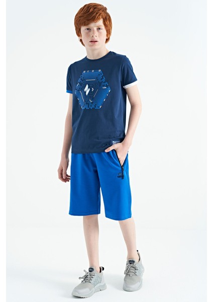 İndigo Kol Ucu Renkli Detaylı Baskılı Standart Kalıp Erkek Çocuk T-Shirt - 11156 fırsatları
