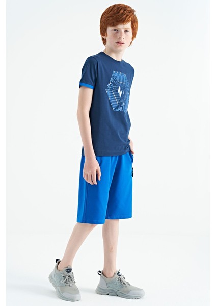 İndigo Kol Ucu Renkli Detaylı Baskılı Standart Kalıp Erkek Çocuk T-Shirt - 11156