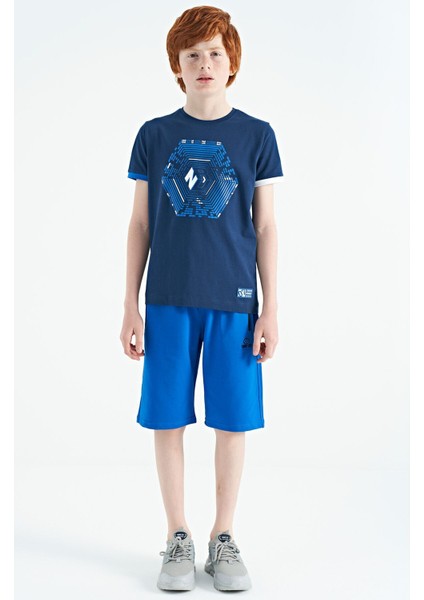 İndigo Kol Ucu Renkli Detaylı Baskılı Standart Kalıp Erkek Çocuk T-Shirt - 11156