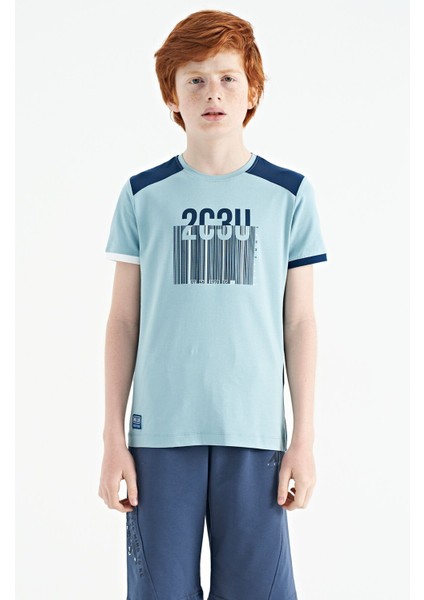 Açık Mavi Baskı Detaylı O Yaka Standart Kalıp Erkek Çocuk T-Shirt - 11157