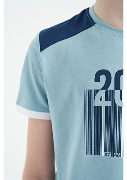 Açık Mavi Baskı Detaylı O Yaka Standart Kalıp Erkek Çocuk T-Shirt - 11157