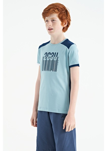 Açık Mavi Baskı Detaylı O Yaka Standart Kalıp Erkek Çocuk T-Shirt - 11157