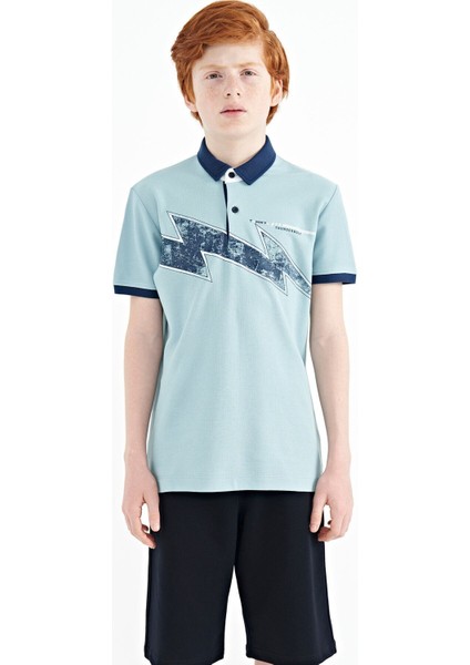 Açık Mavi Baskı Detaylı Standart Kalıp Polo Yaka Erkek Çocuk T-Shirt - 11154