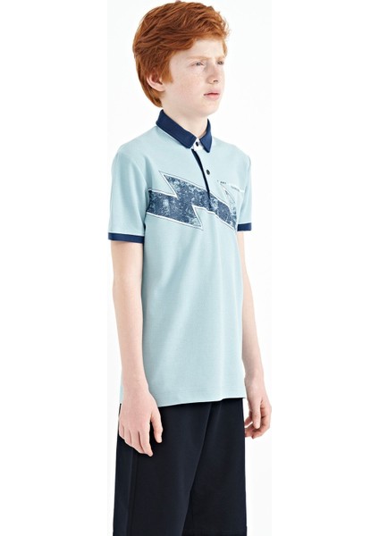 Açık Mavi Baskı Detaylı Standart Kalıp Polo Yaka Erkek Çocuk T-Shirt - 11154