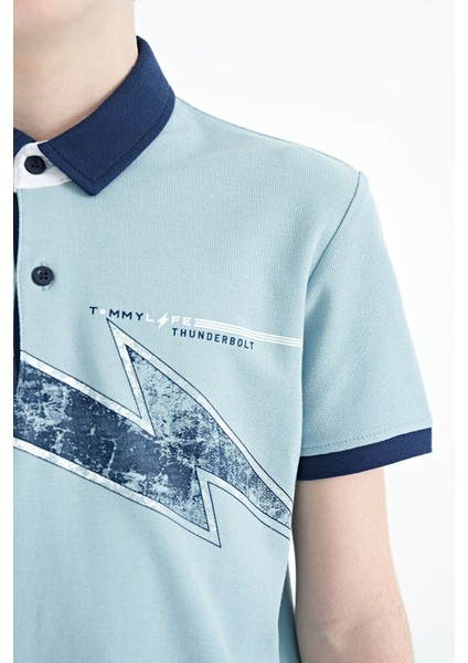 Açık Mavi Baskı Detaylı Standart Kalıp Polo Yaka Erkek Çocuk T-Shirt - 11154