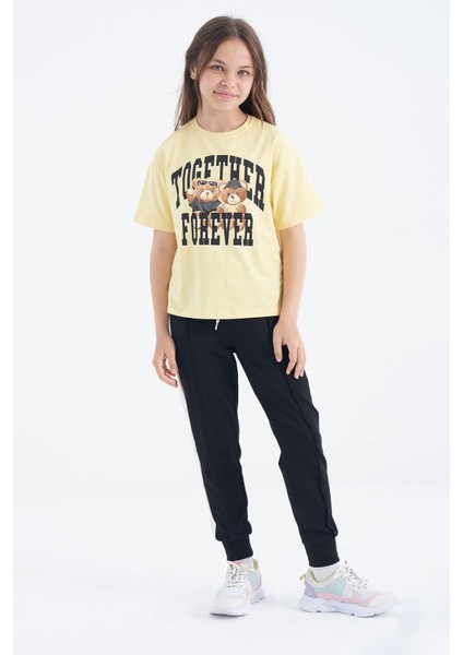 Sarı Ayıcık Baskılı O Yaka Oversize Kısa Kol Kız Çocuk T-Shirt - 75116