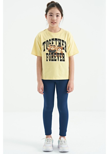 Sarı Ayıcık Baskılı O Yaka Oversize Kısa Kol Kız Çocuk T-Shirt - 75116