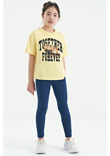 Sarı Ayıcık Baskılı O Yaka Oversize Kısa Kol Kız Çocuk T-Shirt - 75116