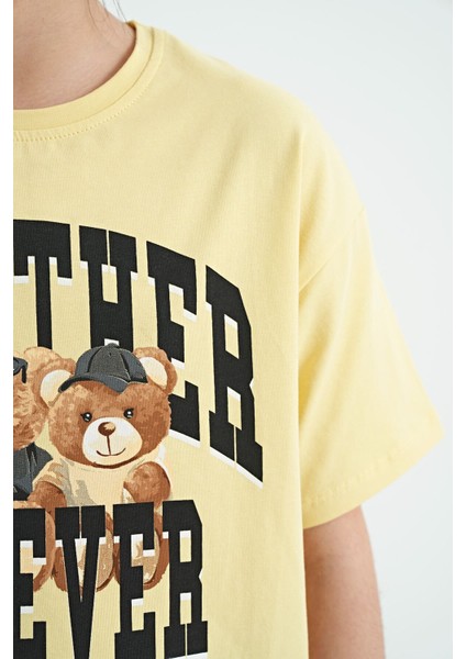 Sarı Ayıcık Baskılı O Yaka Oversize Kısa Kol Kız Çocuk T-Shirt - 75116
