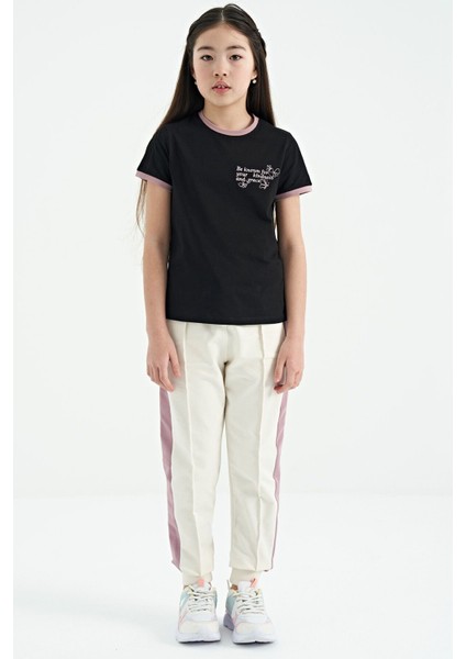 Siyah Minimal Yazı Baskılı O Yaka Rahat Form Kısa Kollu Kız Çocuk T-Shirt - 75110