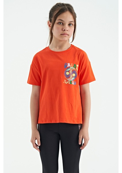 Tommy Life Oranj Ön Arka Çok Renkli Baskılı Oversize Kısa Kollu Kız Çocuk T-Shirt - 75117