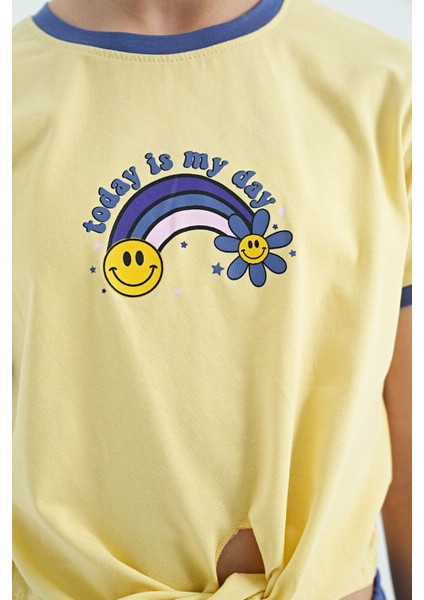 Sarı Baskı Detaylı O Yaka Çok Renkli Bağlama Detaylı Kız Çocuk T-Shirt - 75113