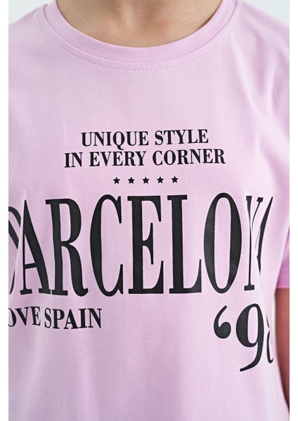 Pembe O Yaka Yazı Baskılı Düşük Omuz Oversize Kız Çocuk T-Shirt - 75115