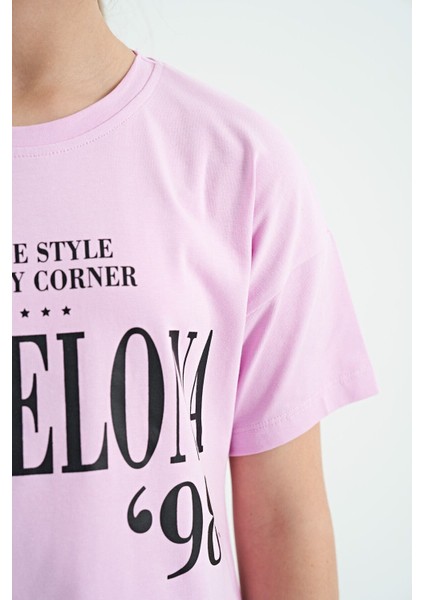 Pembe O Yaka Yazı Baskılı Düşük Omuz Oversize Kız Çocuk T-Shirt - 75115