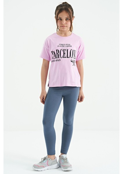 Pembe O Yaka Yazı Baskılı Düşük Omuz Oversize Kız Çocuk T-Shirt - 75115