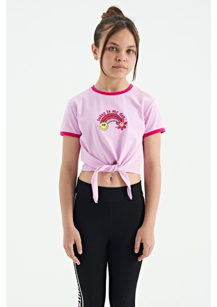 Pembe Baskı Detaylı O Yaka Çok Renkli Bağlama Detaylı Kız Çocuk T-Shirt - 75113