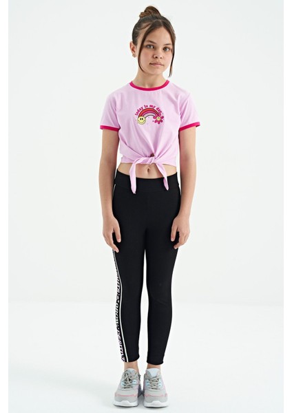 Pembe Baskı Detaylı O Yaka Çok Renkli Bağlama Detaylı Kız Çocuk T-Shirt - 75113
