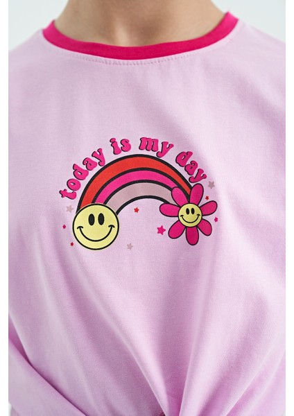 Pembe Baskı Detaylı O Yaka Çok Renkli Bağlama Detaylı Kız Çocuk T-Shirt - 75113