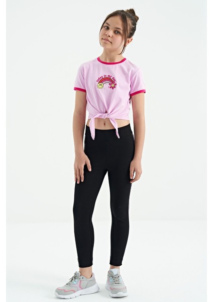Pembe Baskı Detaylı O Yaka Çok Renkli Bağlama Detaylı Kız Çocuk T-Shirt - 75113