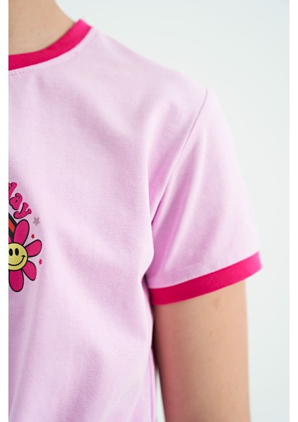 Pembe Baskı Detaylı O Yaka Çok Renkli Bağlama Detaylı Kız Çocuk T-Shirt - 75113