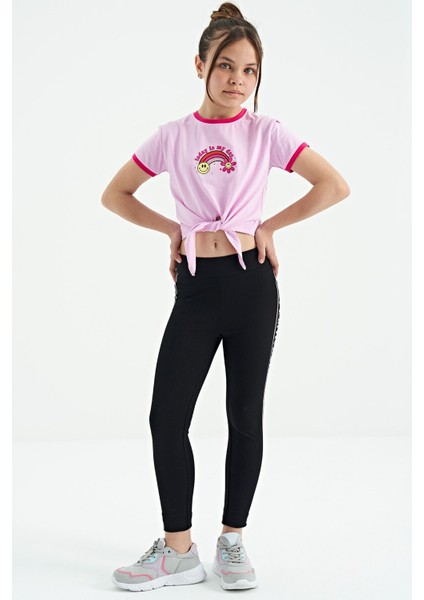 Pembe Baskı Detaylı O Yaka Çok Renkli Bağlama Detaylı Kız Çocuk T-Shirt - 75113