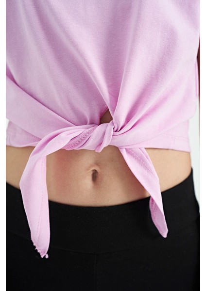 Pembe Baskı Detaylı O Yaka Çok Renkli Bağlama Detaylı Kız Çocuk T-Shirt - 75113