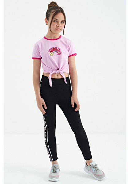 Pembe Baskı Detaylı O Yaka Çok Renkli Bağlama Detaylı Kız Çocuk T-Shirt - 75113