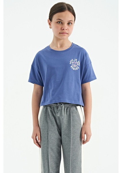 Açık Eflatun Ön Arka Baskılı O Yaka Düşük Omuz Oversize Kısa Kollu Kız Çocuk T-Shirt - 75126