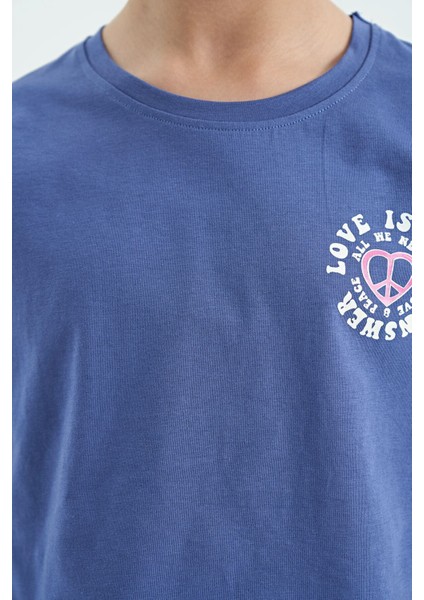 Açık Eflatun Ön Arka Baskılı O Yaka Düşük Omuz Oversize Kısa Kollu Kız Çocuk T-Shirt - 75126