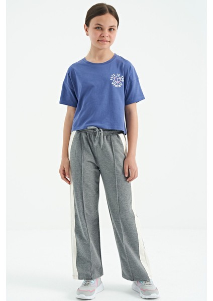 Açık Eflatun Ön Arka Baskılı O Yaka Düşük Omuz Oversize Kısa Kollu Kız Çocuk T-Shirt - 75126