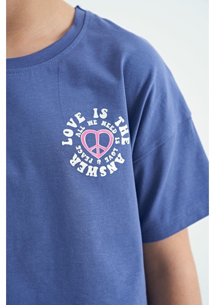 Açık Eflatun Ön Arka Baskılı O Yaka Düşük Omuz Oversize Kısa Kollu Kız Çocuk T-Shirt - 75126