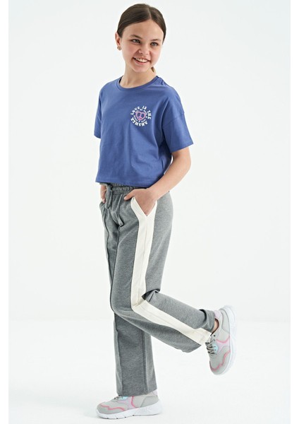 Açık Eflatun Ön Arka Baskılı O Yaka Düşük Omuz Oversize Kısa Kollu Kız Çocuk T-Shirt - 75126