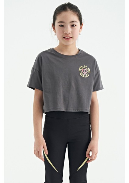 Koyu Gri Ön Arka Baskılı O Yaka Düşük Omuz Oversize Kısa Kollu Kız Çocuk T-Shirt - 75126