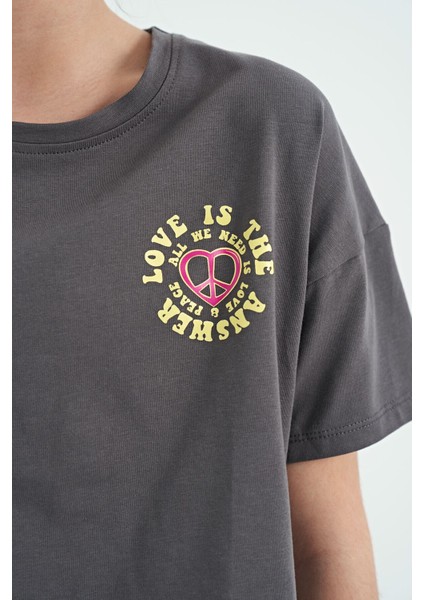 Koyu Gri Ön Arka Baskılı O Yaka Düşük Omuz Oversize Kısa Kollu Kız Çocuk T-Shirt - 75126