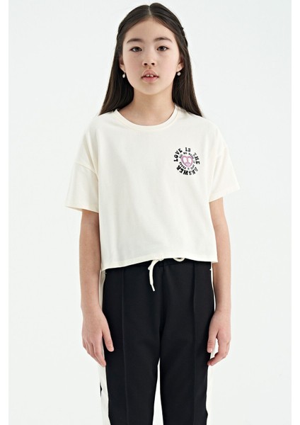Ekru Ön Arka Baskılı O Yaka Düşük Omuz Oversize Kısa Kollu Kız Çocuk T-Shirt - 75126