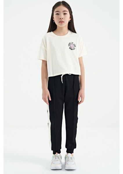 Ekru Ön Arka Baskılı O Yaka Düşük Omuz Oversize Kısa Kollu Kız Çocuk T-Shirt - 75126