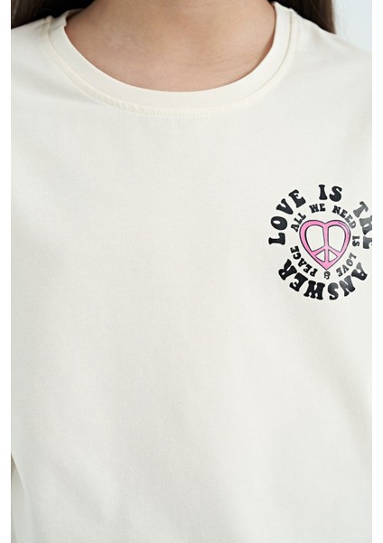 Ekru Ön Arka Baskılı O Yaka Düşük Omuz Oversize Kısa Kollu Kız Çocuk T-Shirt - 75126
