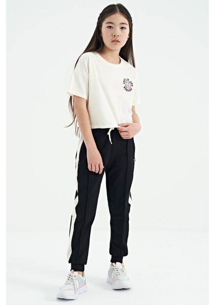 Ekru Ön Arka Baskılı O Yaka Düşük Omuz Oversize Kısa Kollu Kız Çocuk T-Shirt - 75126