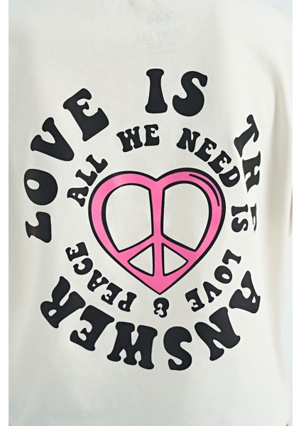 Ekru Ön Arka Baskılı O Yaka Düşük Omuz Oversize Kısa Kollu Kız Çocuk T-Shirt - 75126