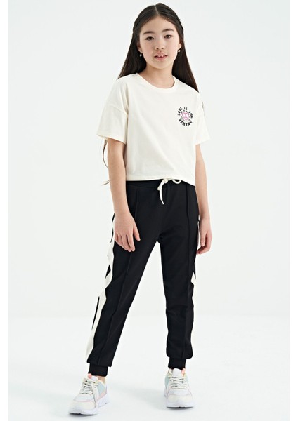Ekru Ön Arka Baskılı O Yaka Düşük Omuz Oversize Kısa Kollu Kız Çocuk T-Shirt - 75126