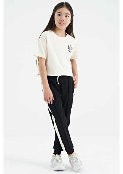 Ekru Ön Arka Baskılı O Yaka Düşük Omuz Oversize Kısa Kollu Kız Çocuk T-Shirt - 75126