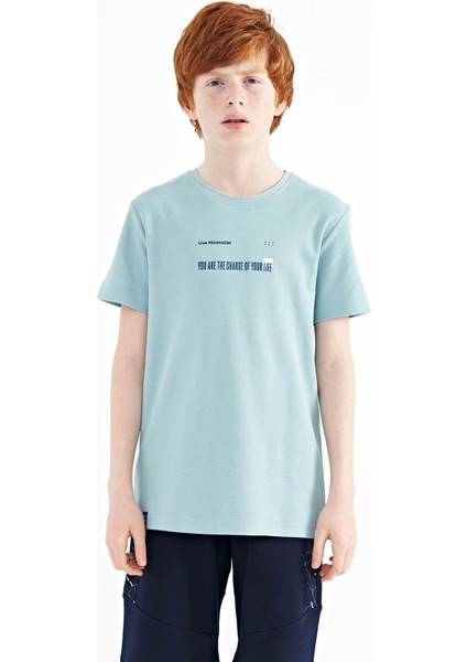 Açık Mavi Baskı Detaylı O Yaka Standart Kalıp Erkek Çocuk T-Shirt - 11117