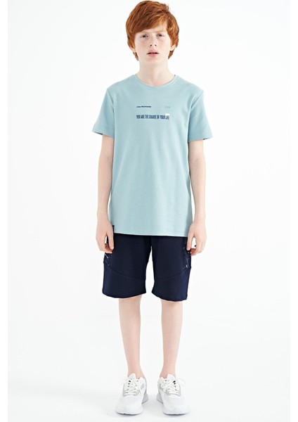 Açık Mavi Baskı Detaylı O Yaka Standart Kalıp Erkek Çocuk T-Shirt - 11117
