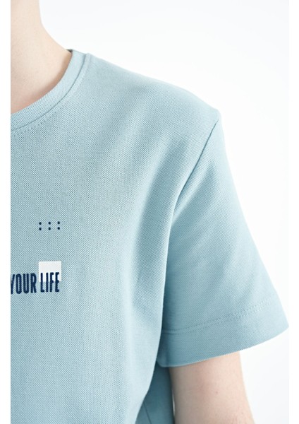Açık Mavi Baskı Detaylı O Yaka Standart Kalıp Erkek Çocuk T-Shirt - 11117