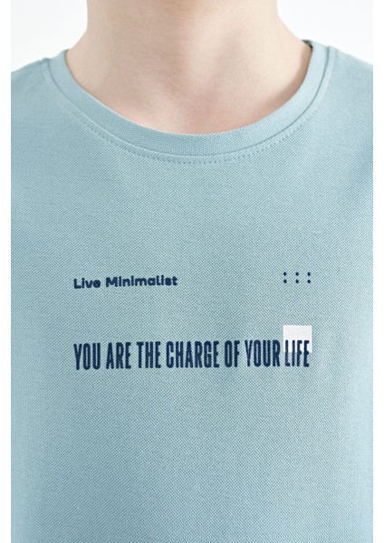 Açık Mavi Baskı Detaylı O Yaka Standart Kalıp Erkek Çocuk T-Shirt - 11117