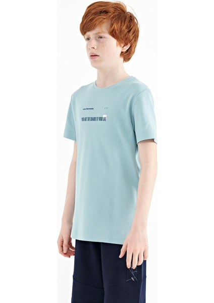 Açık Mavi Baskı Detaylı O Yaka Standart Kalıp Erkek Çocuk T-Shirt - 11117